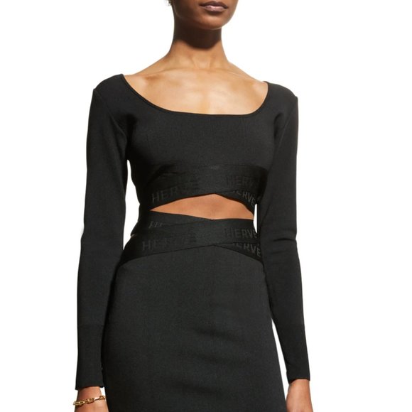 Herve Leger Tops - Herve Leger Long Sleeve Bandage Scoop Neck Crop Top Black Large